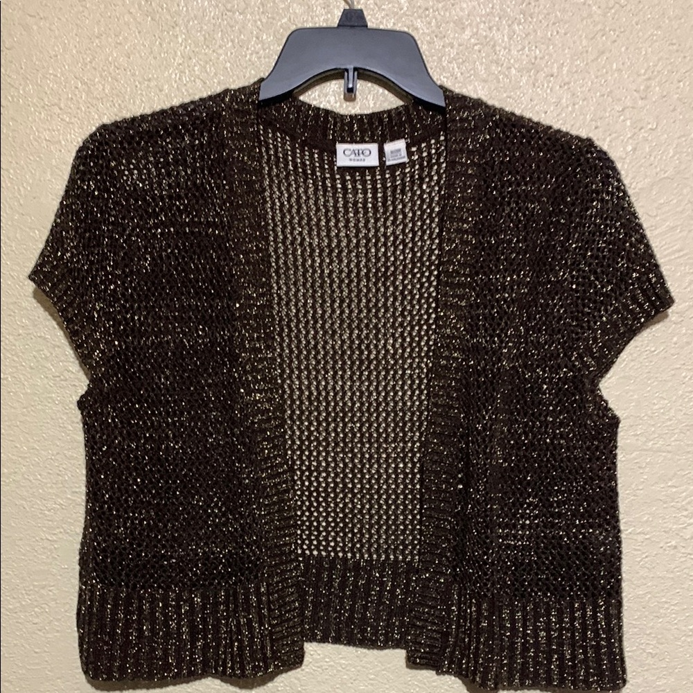 CATO Sweater Open Cardigan 18/20W Brown Gold Metallic Thread Short Cropped